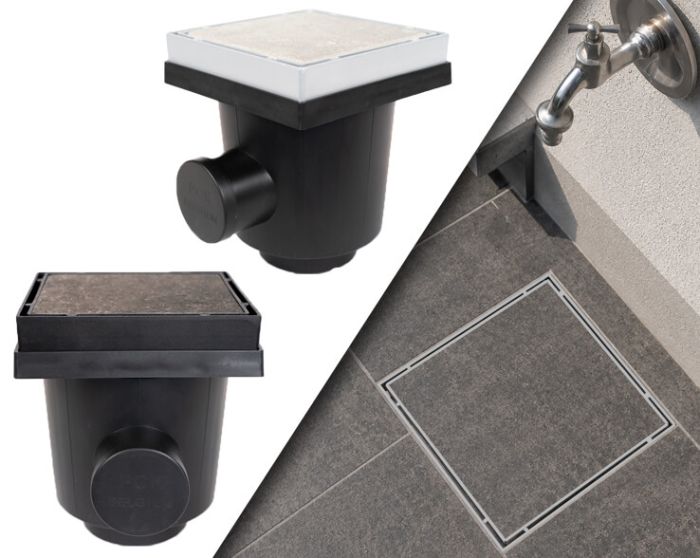 The ultimate discreet bottle gully with a tileable lid, for installation beneath an outdoor tap.