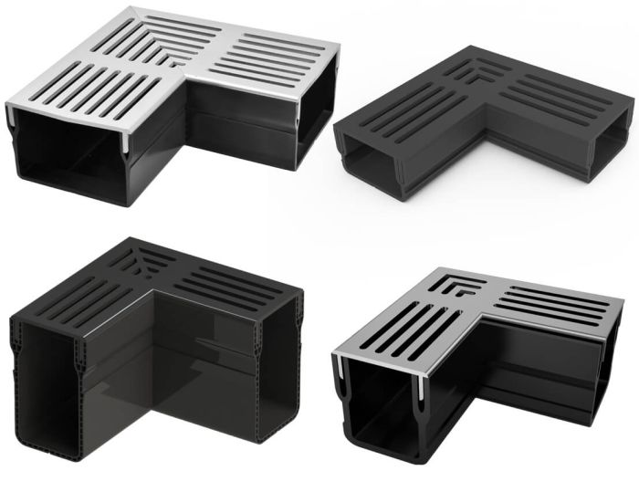 Corner pieces in 90° of the design drainage channel with aluminium grid.