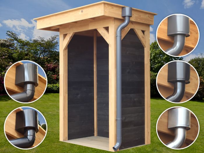 A rainwater drainage flat roof kit with a horizontal roof drain. Available in metal: anthracite (RAL7024), black (RAL9005) and galvanised. And in plastic (PVC) anthracite and black.