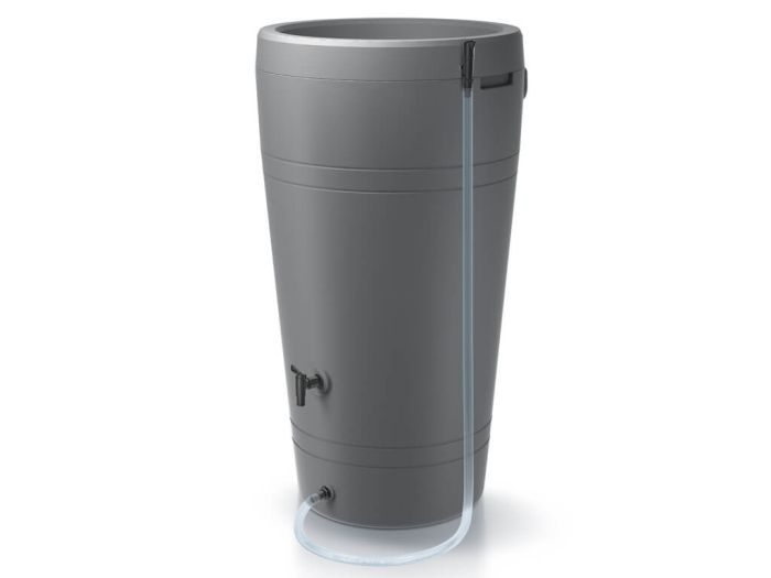 Water butt drain set connected to a water butt. You can easily check the rainwater level in the water butt through the transparent hose.