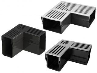 Corner pieces in 90° of the design drainage channel with aluminium grid.