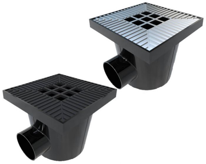Bottle gully with black or grey aluminium square grid. 